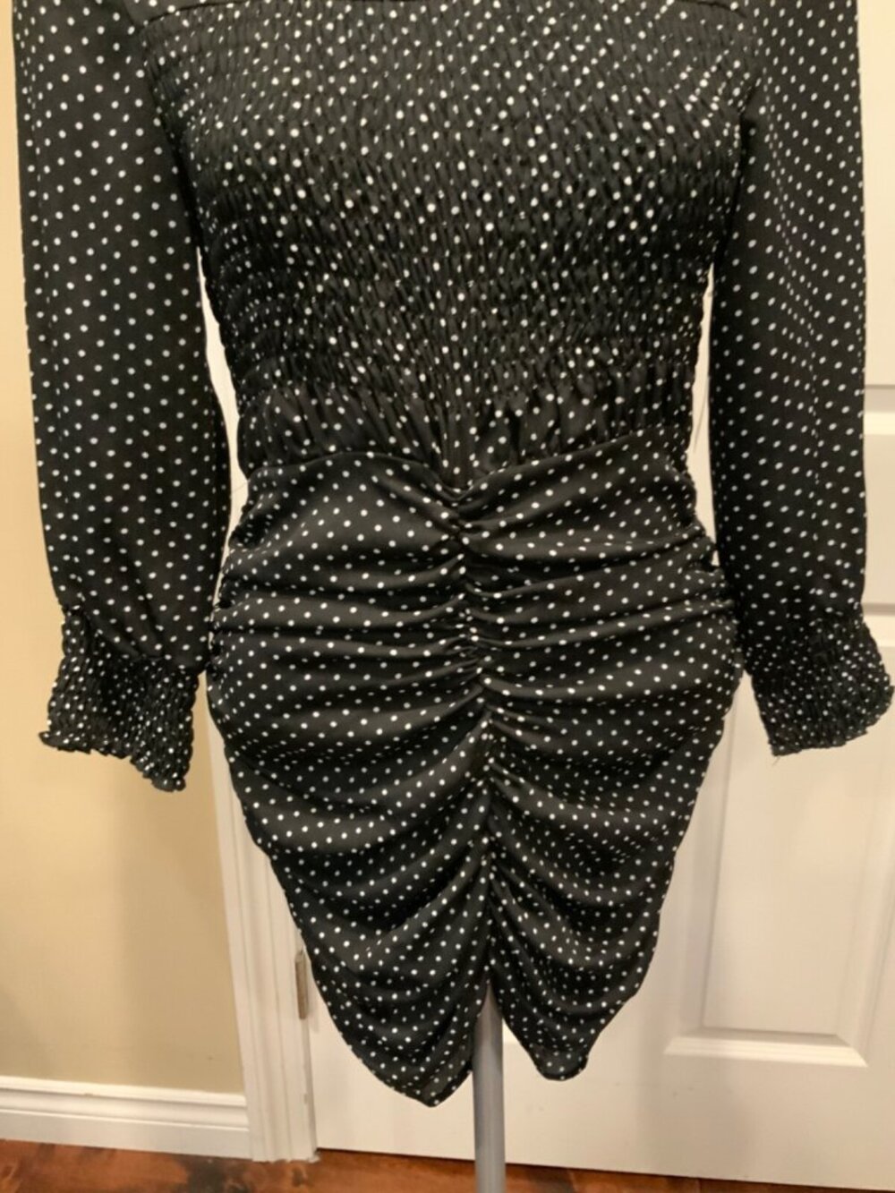 Zara Black & White Polka Dot Ruched Mini Dress, Size Small